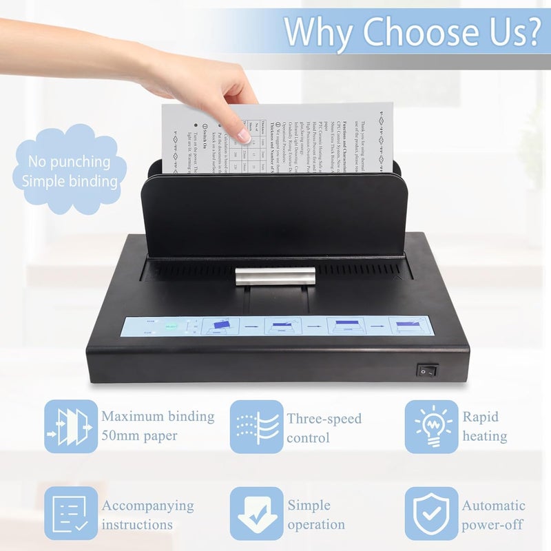 Hoqqf Thermal Binding Machine 500 Sheets Capacity Book Binding Material 110V Binding Machine A3(Short Edge)/A4/A5 Document Heat Binder with 10Pcs Covers (Black) - Image 2